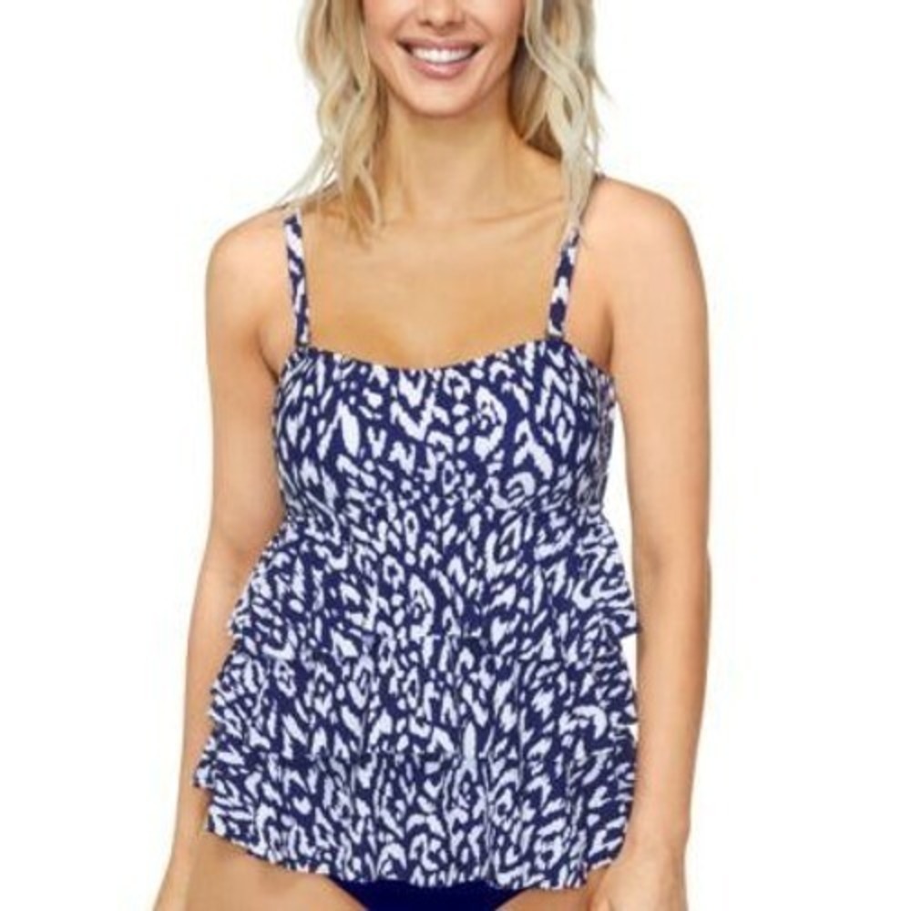 Island Escape Tankini Size 8 Navy Blue Tiered Ruffled Waist Minimizer Swimsuit - Picture 2 of 8